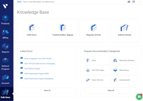 各種ドキュメント等を扱う『Vultr Docs』ページ