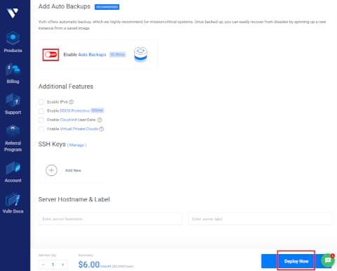 各種項目の設定が完了したら『Deploy Now』でインスタンスが構築される